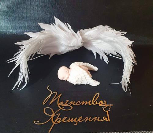 Набір прикрас на хрещення. Фігурка Немовля з крилами. Вафельні крила. Топер зеркальний